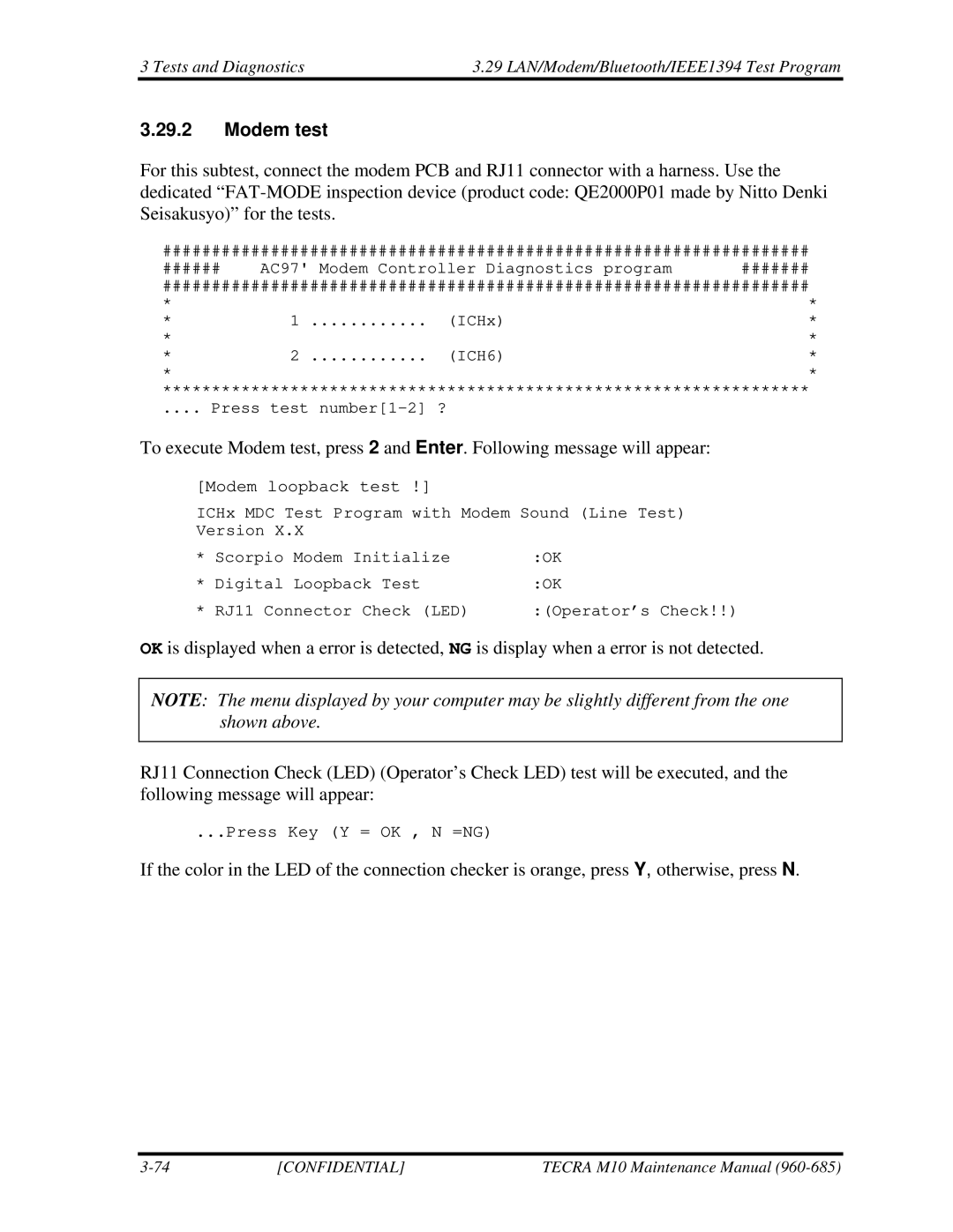 Toshiba TECRA, M10 manual Modem test, Modem loopback test 