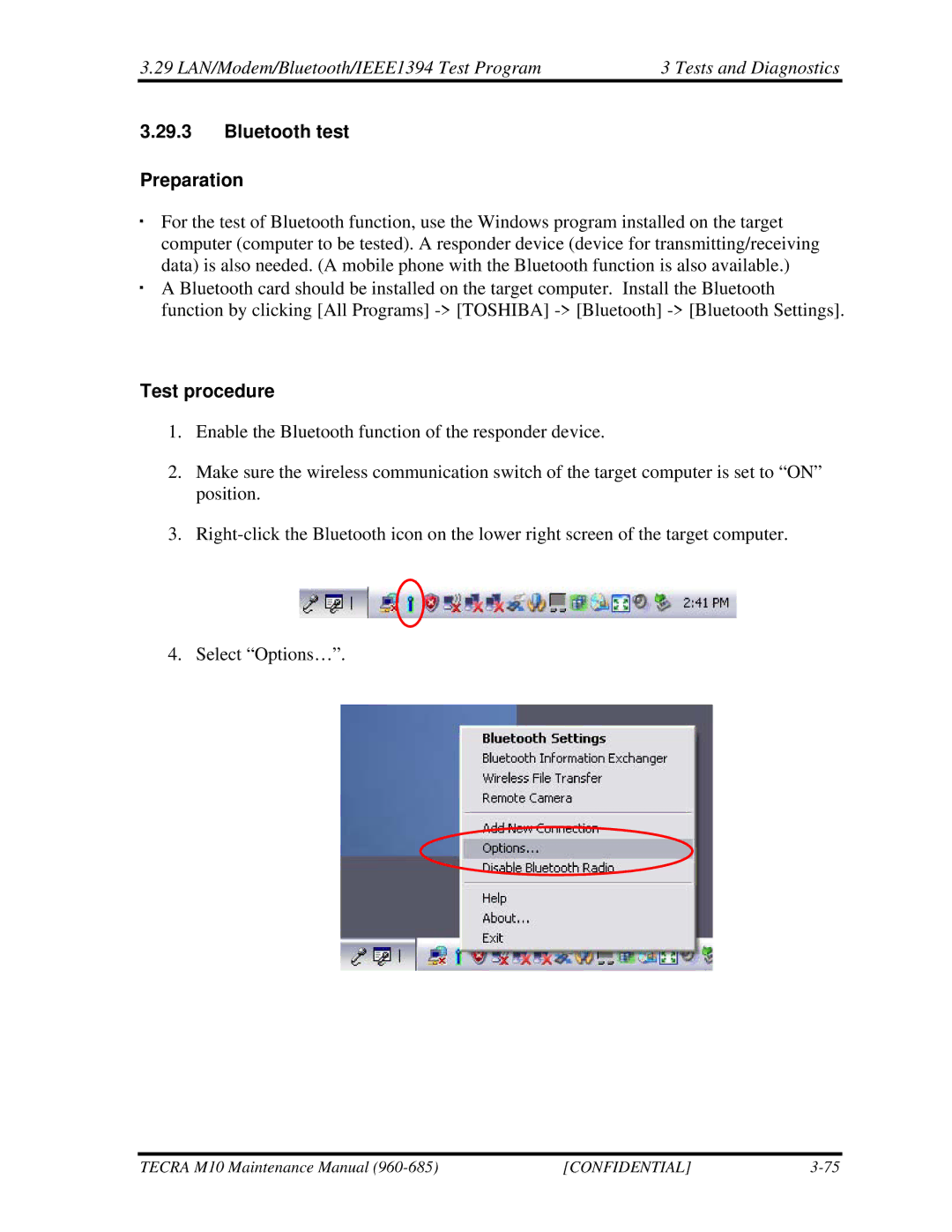 Toshiba M10, TECRA manual Bluetooth test Preparation, Test procedure 