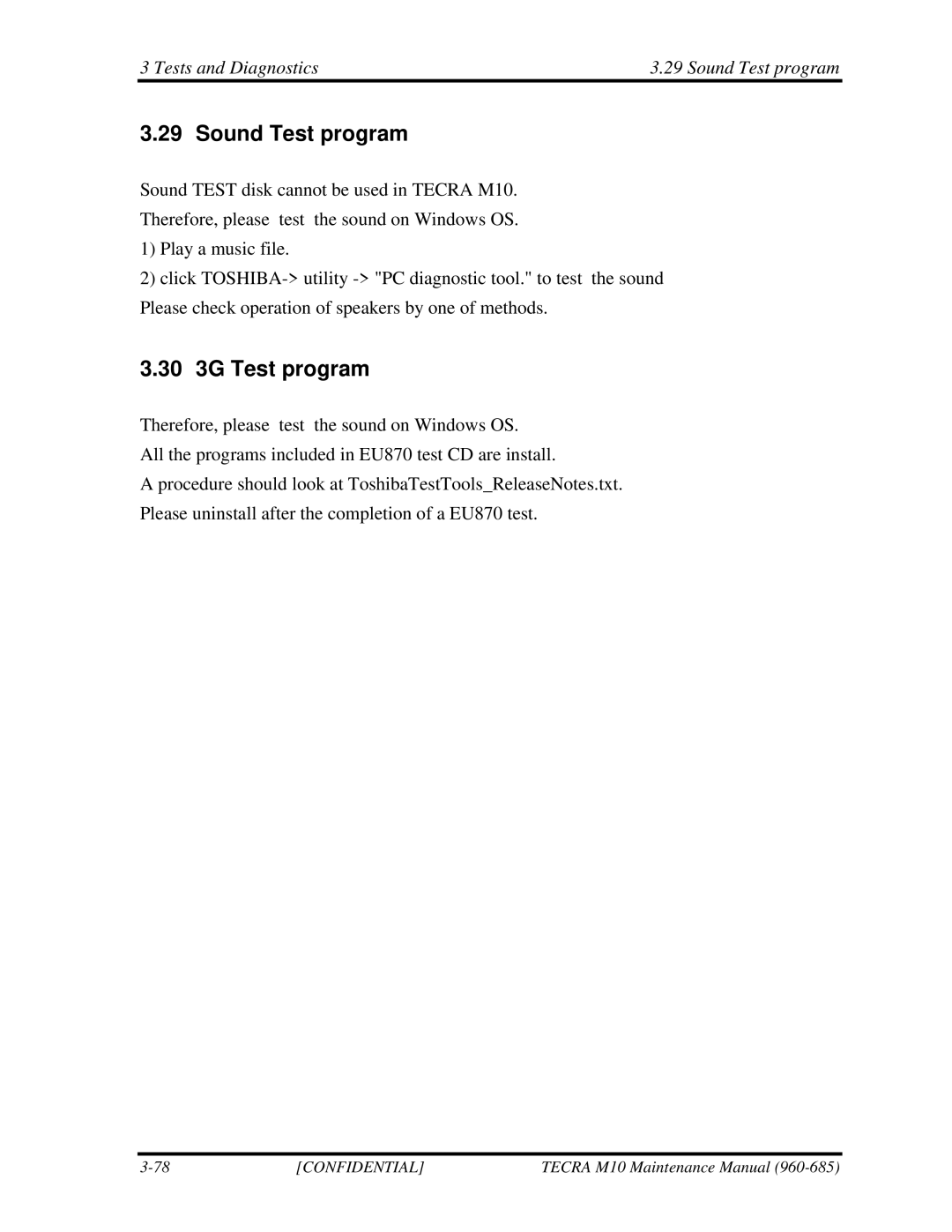 Toshiba TECRA, M10 manual 30 3G Test program, Tests and Diagnostics Sound Test program 