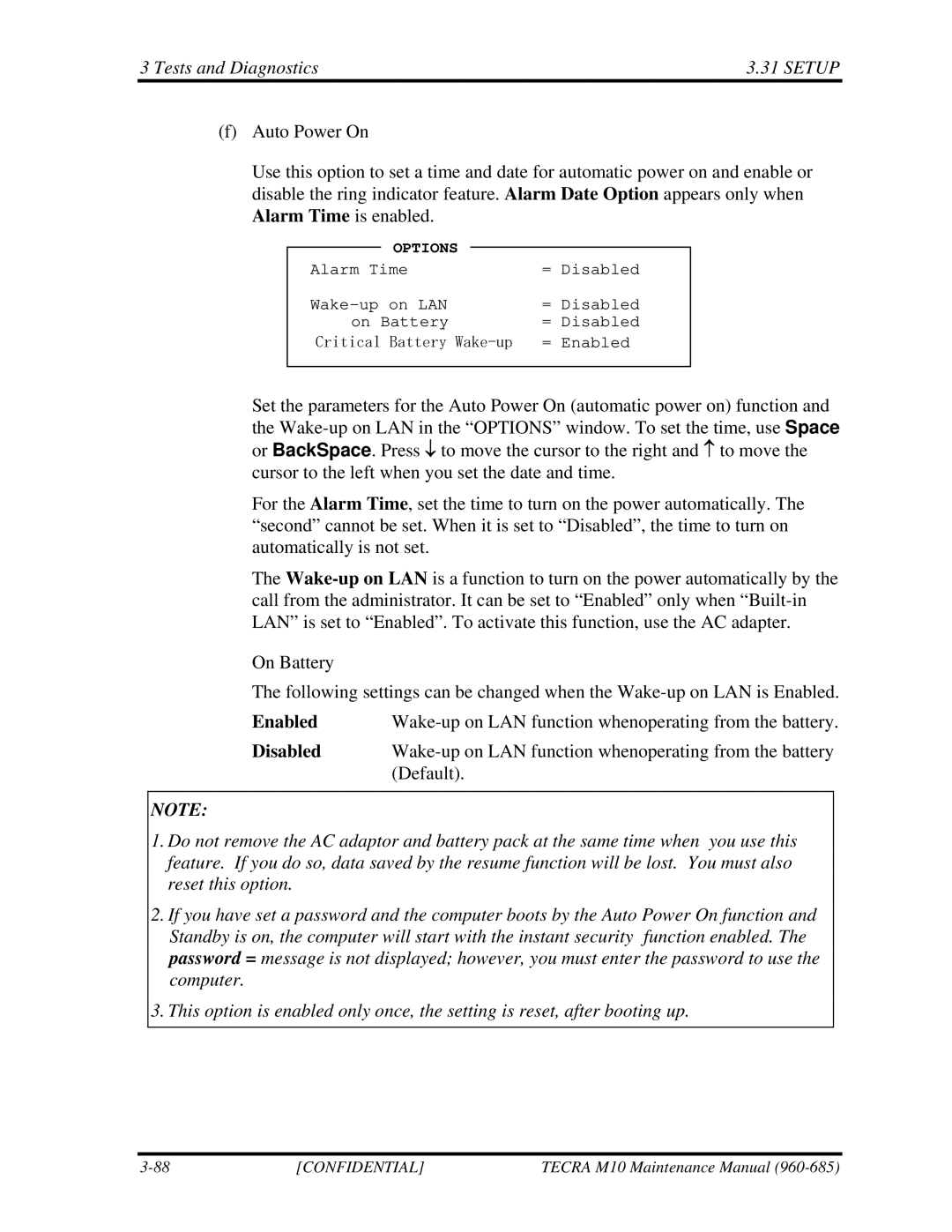 Toshiba TECRA, M10 manual Wake-up on LAN function whenoperating from the battery 