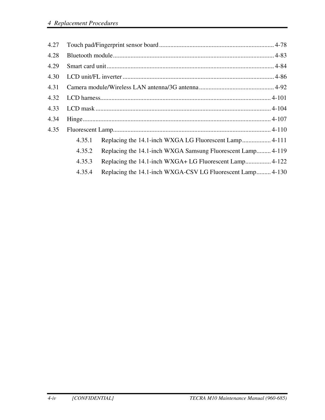 Toshiba TECRA, M10 manual Replacing the 14.1-inch Wxga LG Fluorescent Lamp 