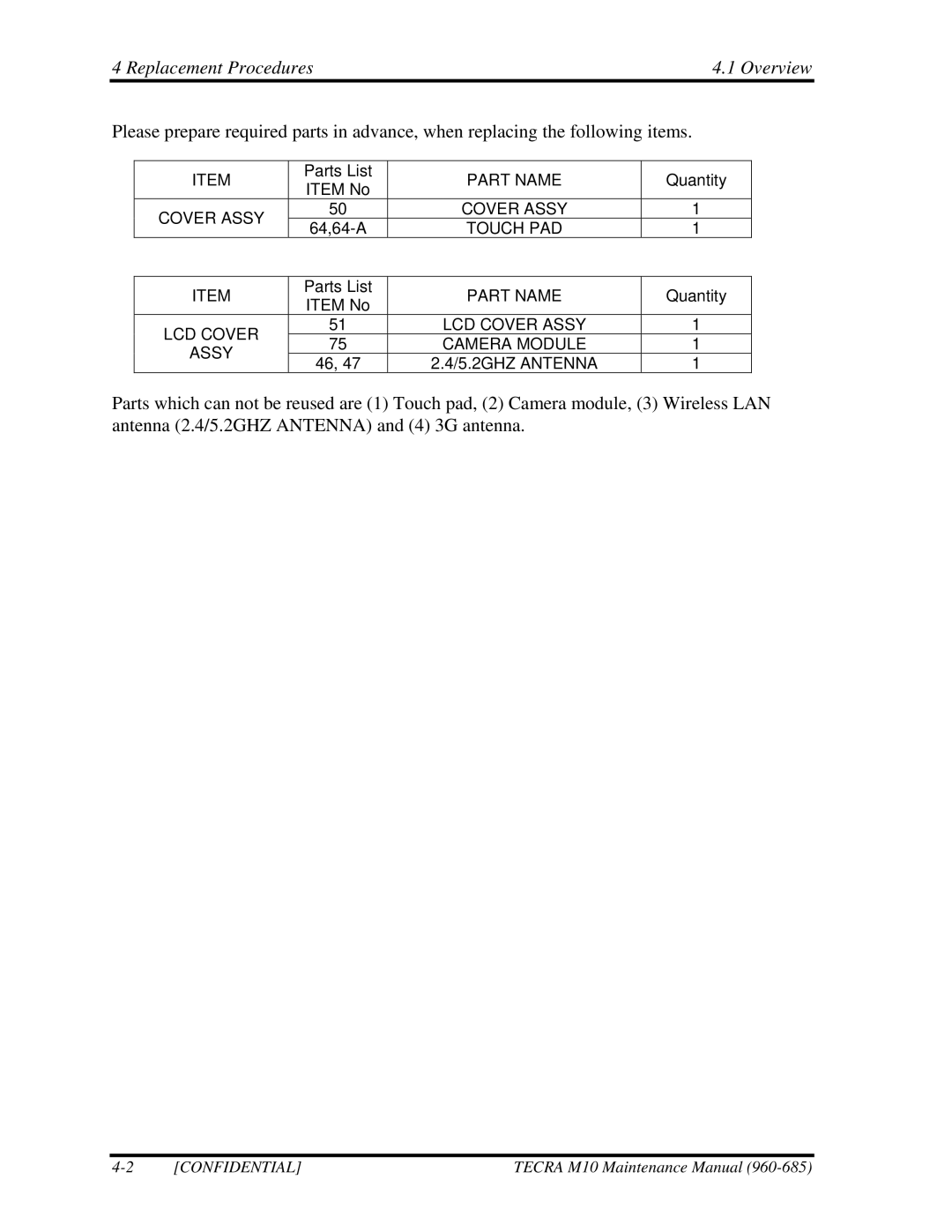 Toshiba TECRA, M10 manual Replacement Procedures Overview 