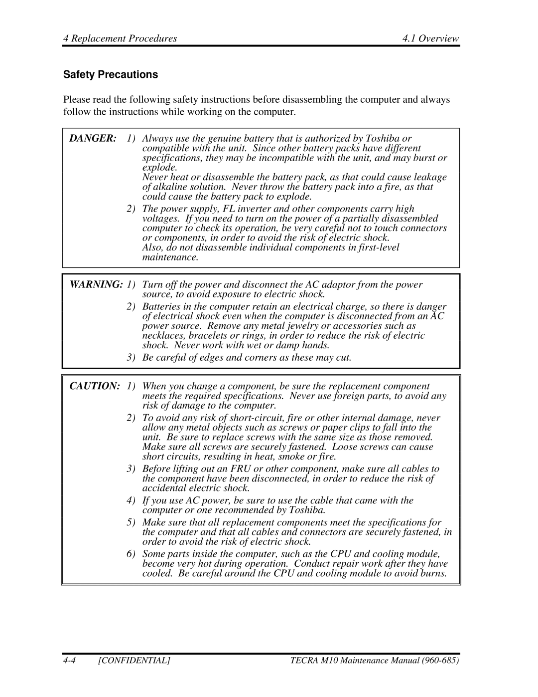 Toshiba TECRA, M10 manual Safety Precautions 