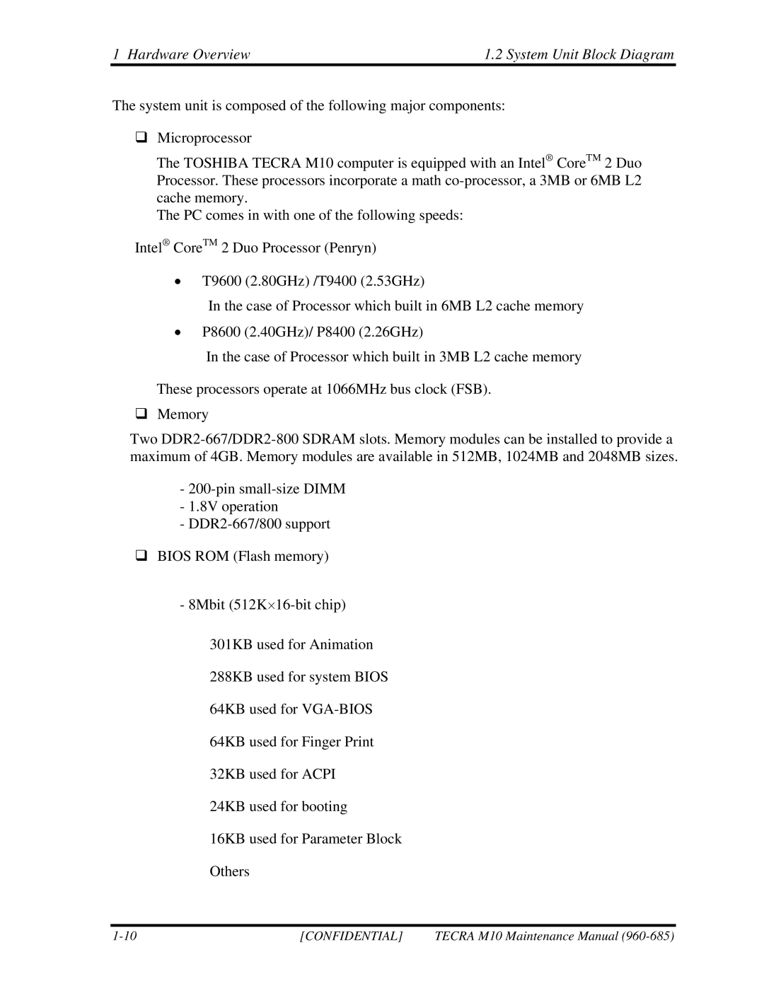 Toshiba TECRA, M10 manual Hardware Overview System Unit Block Diagram 