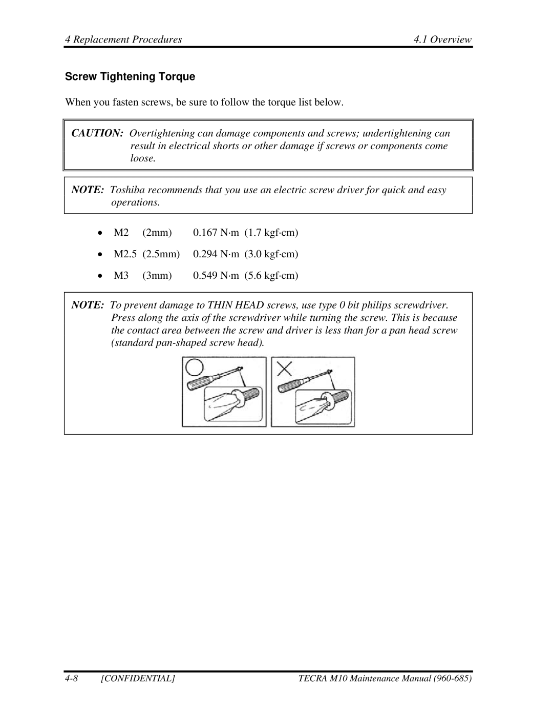 Toshiba TECRA, M10 manual Screw Tightening Torque 