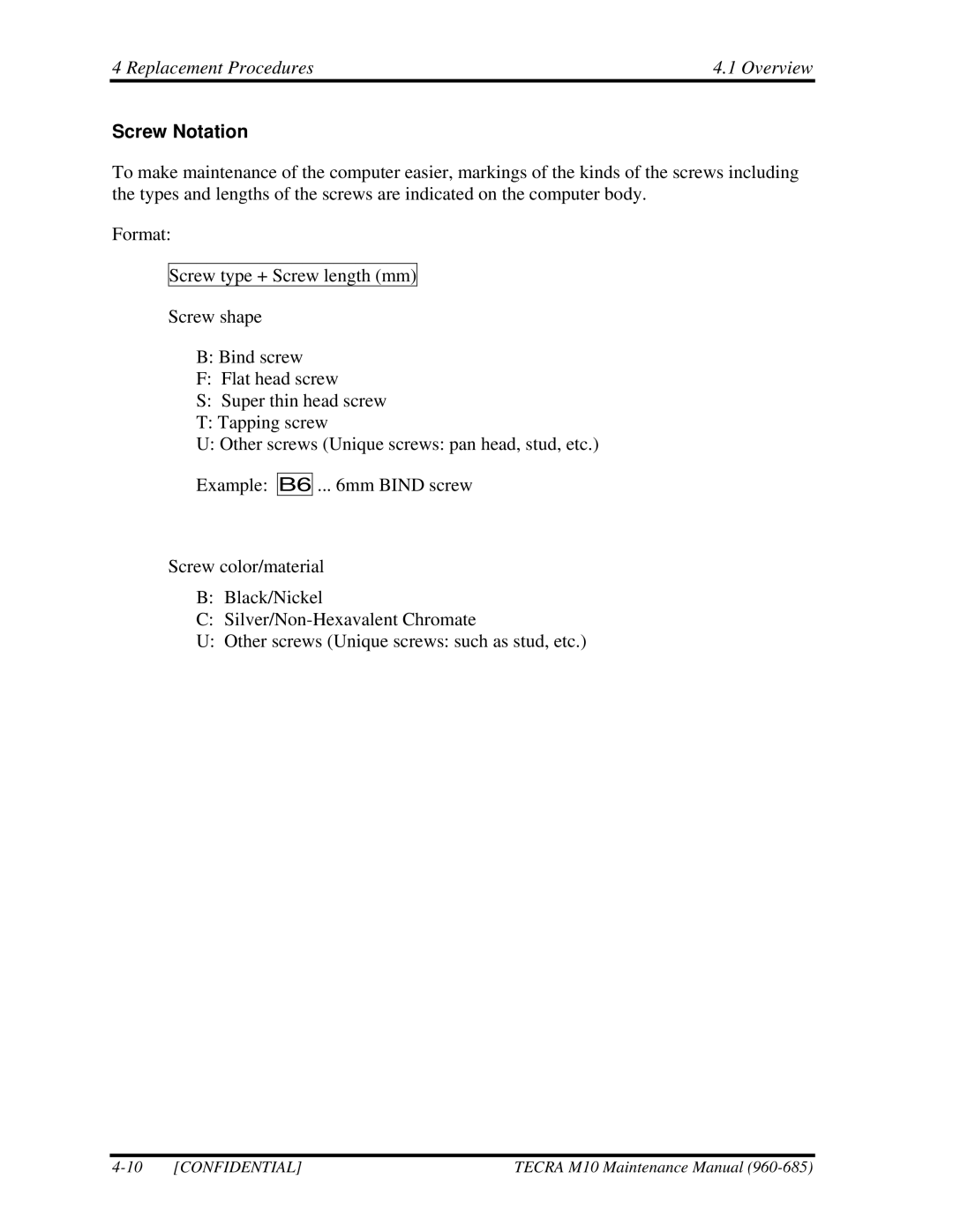 Toshiba TECRA, M10 manual Screw Notation 