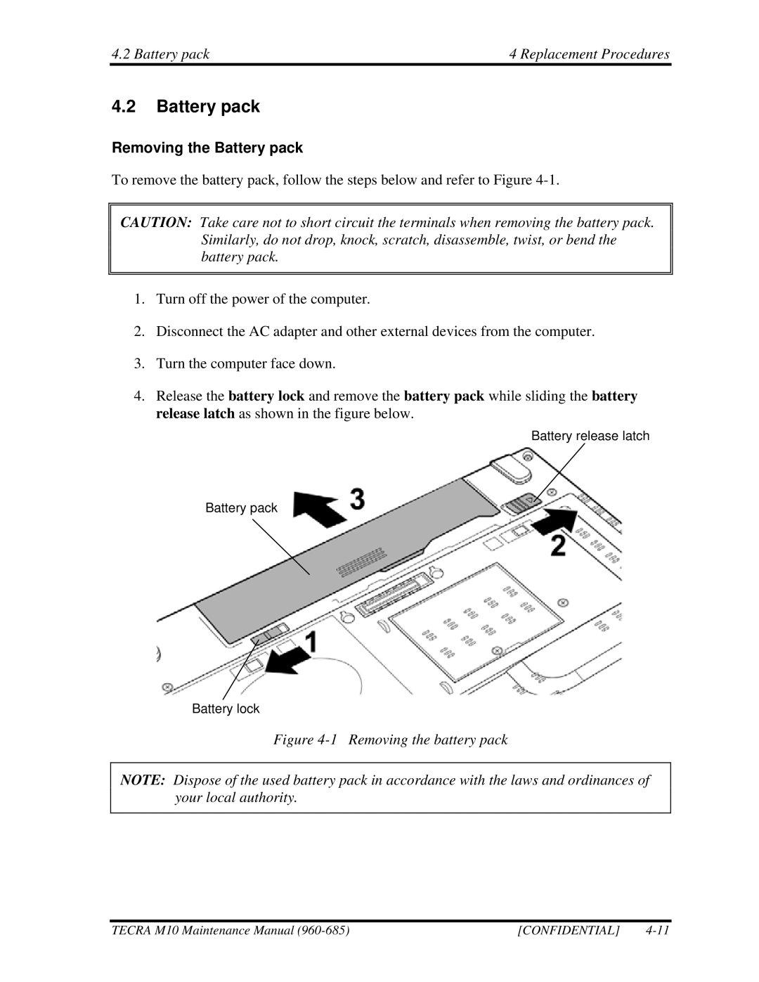 Toshiba M10, TECRA manual Battery pack Replacement Procedures, Removing the Battery pack 