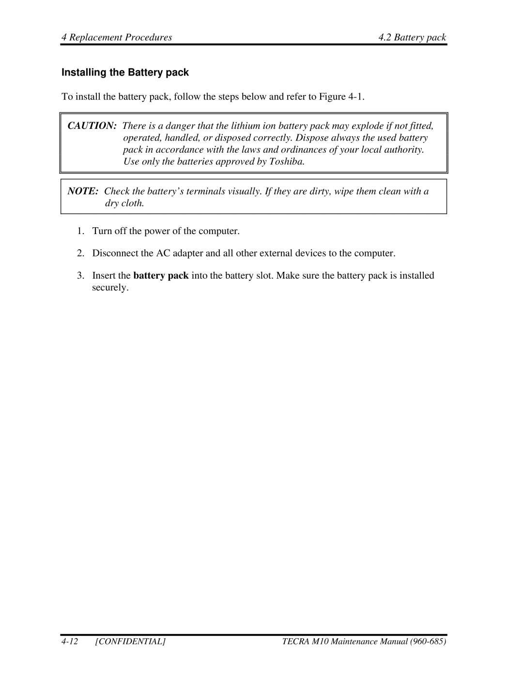 Toshiba TECRA, M10 manual Replacement Procedures Battery pack, Installing the Battery pack 