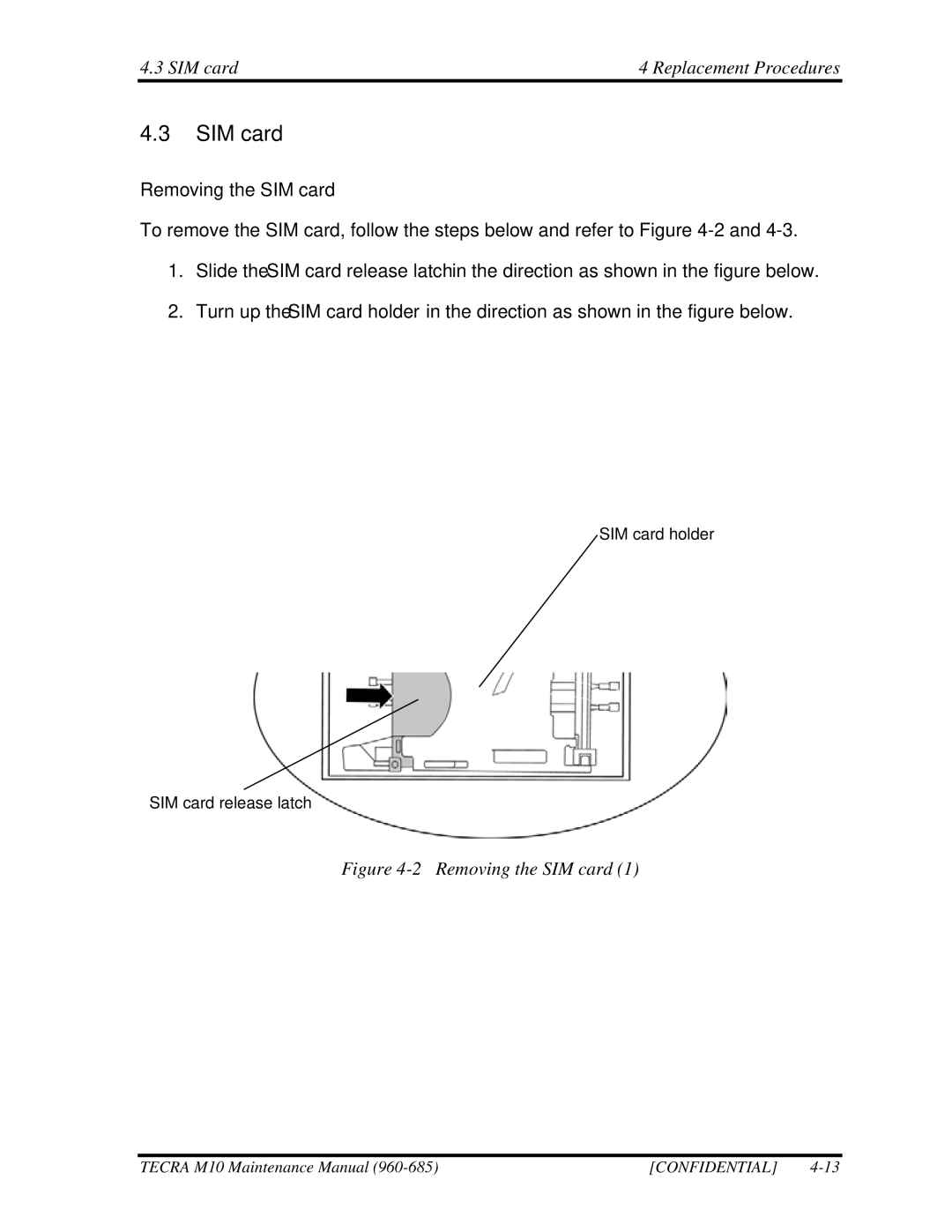 Toshiba M10, TECRA manual SIM card Replacement Procedures, Removing the SIM card 