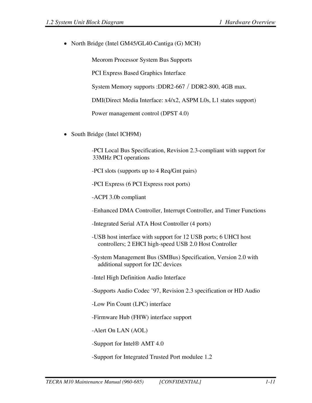 Toshiba M10, TECRA manual System Unit Block Diagram Hardware Overview 