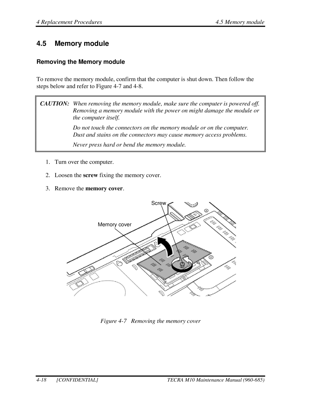 Toshiba TECRA, M10 manual Replacement Procedures Memory module, Removing the Memory module 