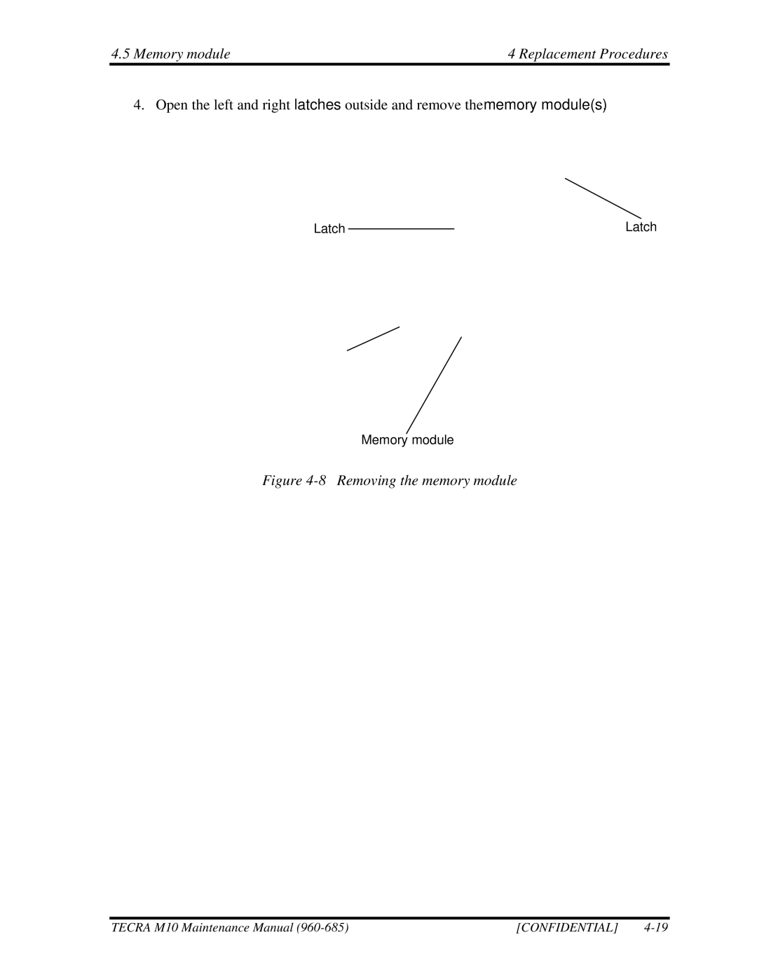 Toshiba M10, TECRA manual Memory module4 Replacement Procedures, Removing the memory module 