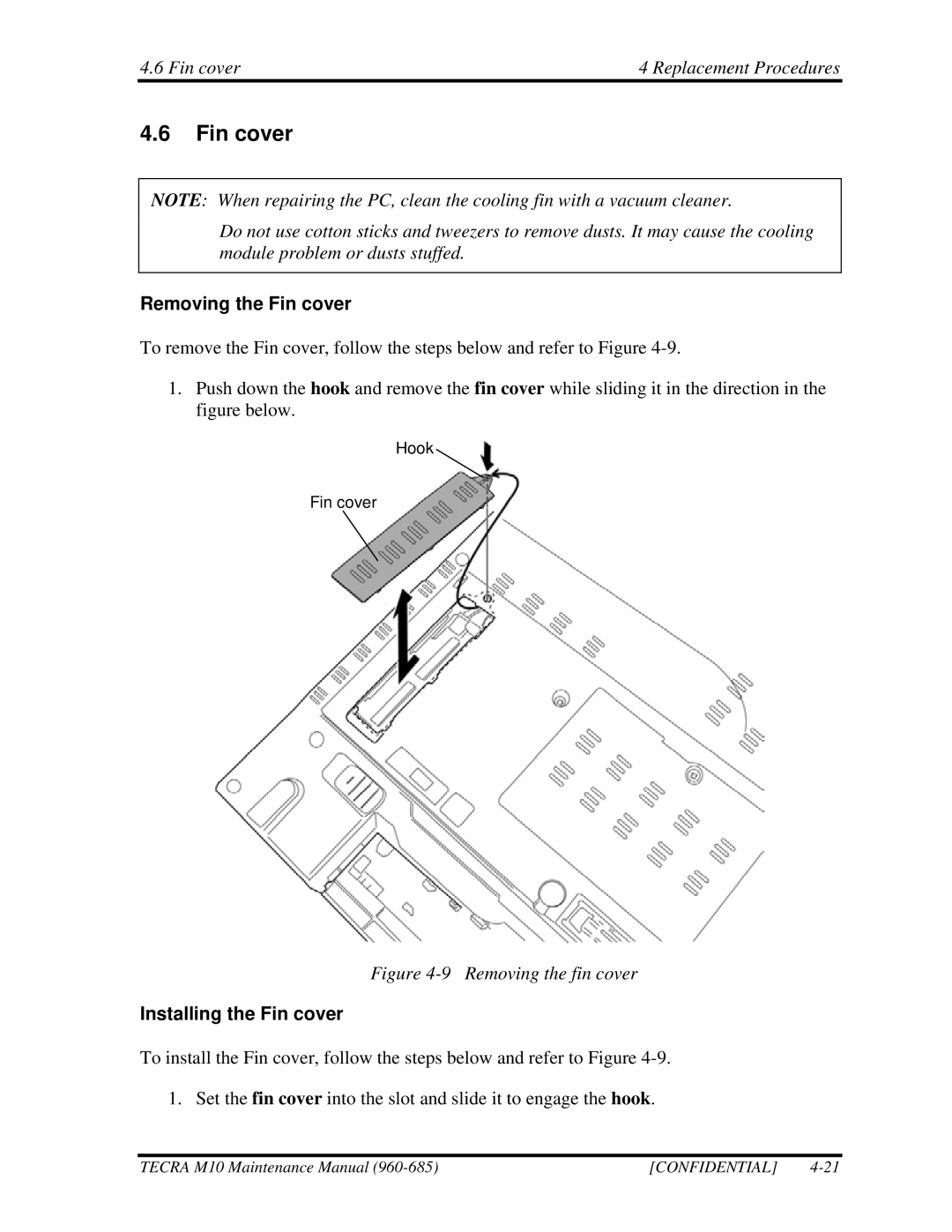 Toshiba M10, TECRA manual Fin cover Replacement Procedures, Removing the Fin cover, Installing the Fin cover 