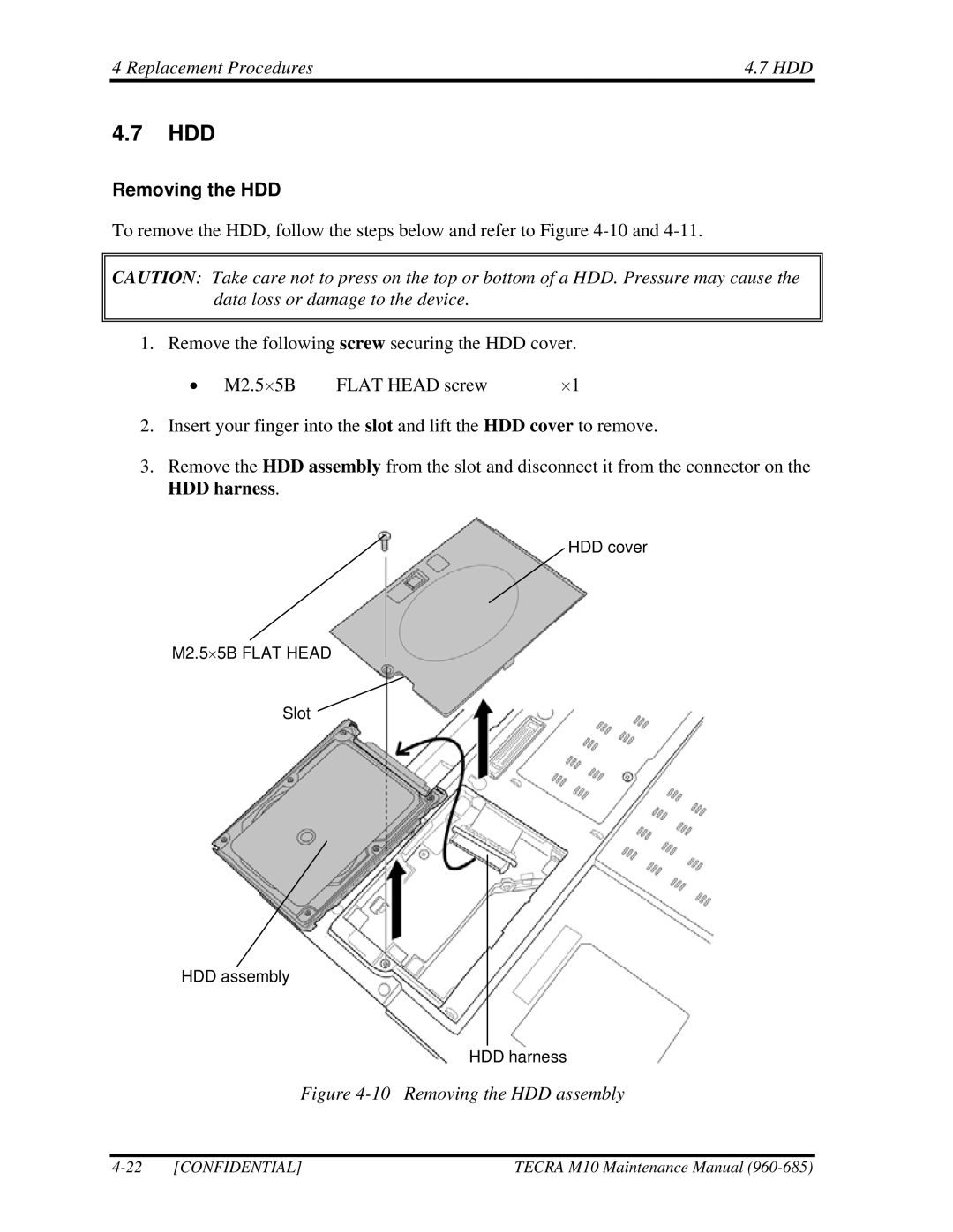 Toshiba TECRA, M10 manual Hdd, Replacement Procedures HDD, Removing the HDD 