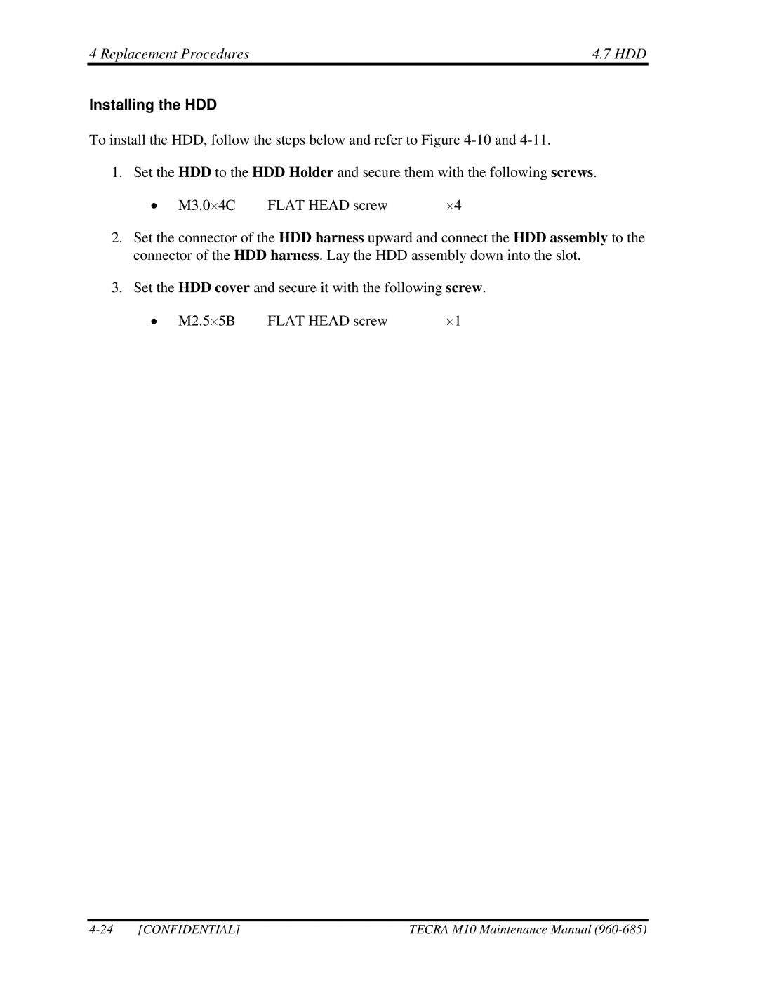 Toshiba TECRA, M10 manual Installing the HDD 