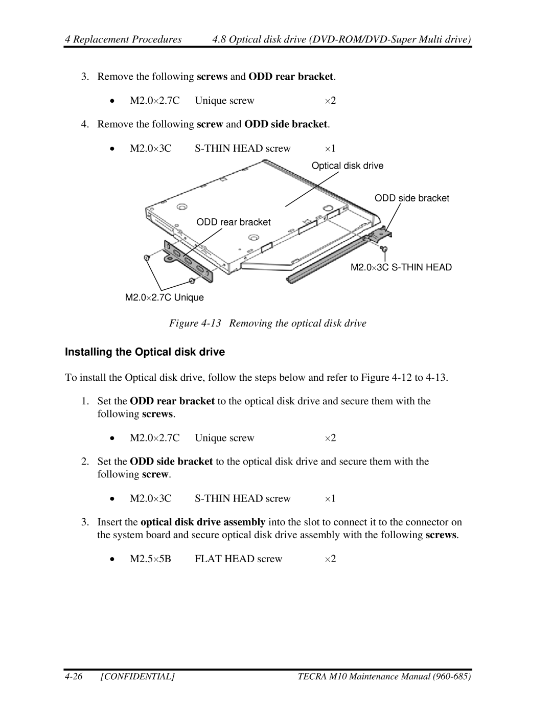 Toshiba TECRA, M10 manual Removing the optical disk drive, Installing the Optical disk drive 