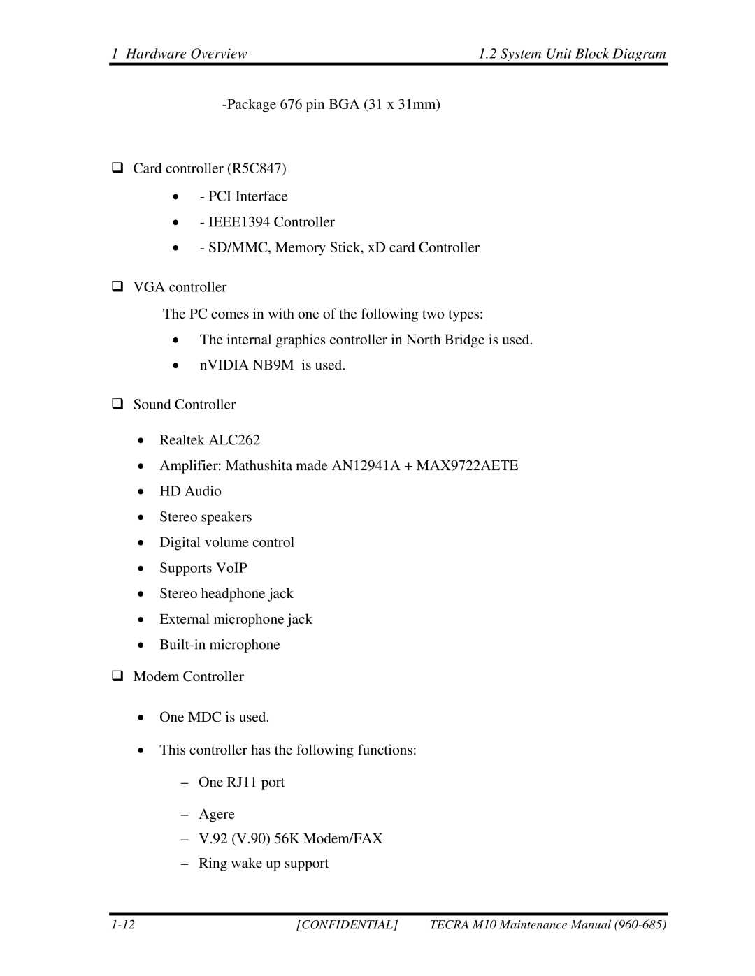 Toshiba TECRA, M10 manual Hardware Overview System Unit Block Diagram 