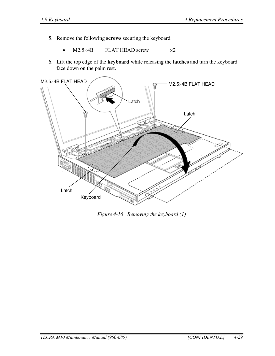 Toshiba M10, TECRA manual Removing the keyboard 