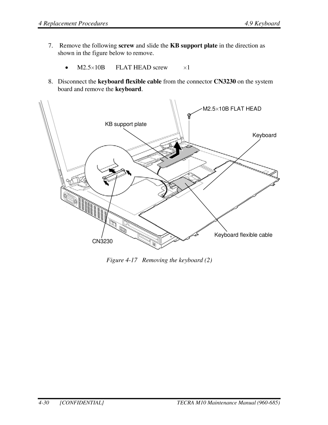 Toshiba TECRA, M10 manual Removing the keyboard 