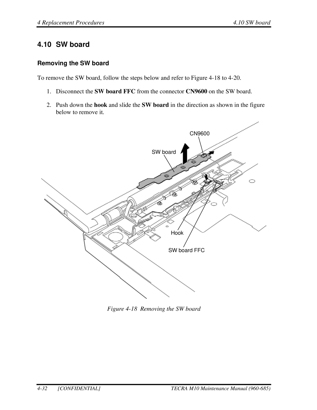 Toshiba TECRA, M10 manual Replacement Procedures SW board, Removing the SW board 