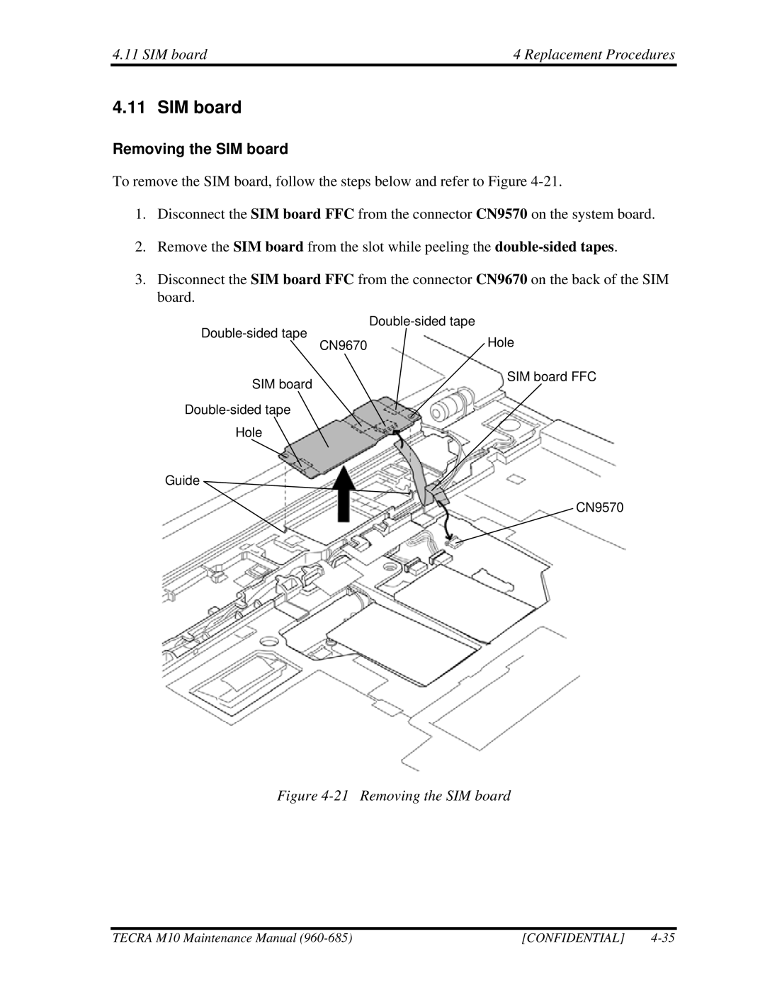 Toshiba M10, TECRA manual SIM board Replacement Procedures, Removing the SIM board 