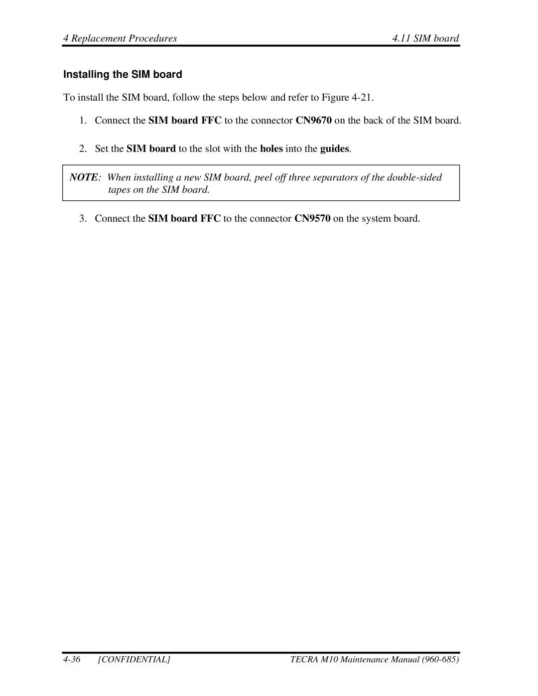 Toshiba TECRA, M10 manual Replacement Procedures SIM board, Installing the SIM board 
