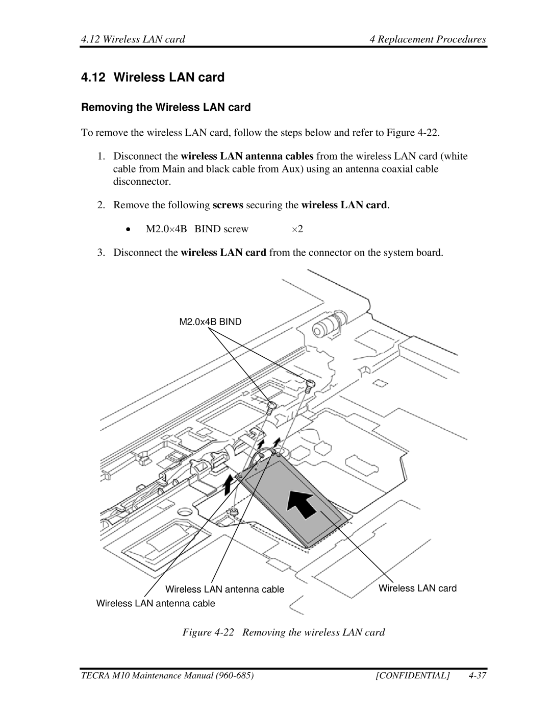 Toshiba M10, TECRA manual Wireless LAN card Replacement Procedures, Removing the Wireless LAN card 