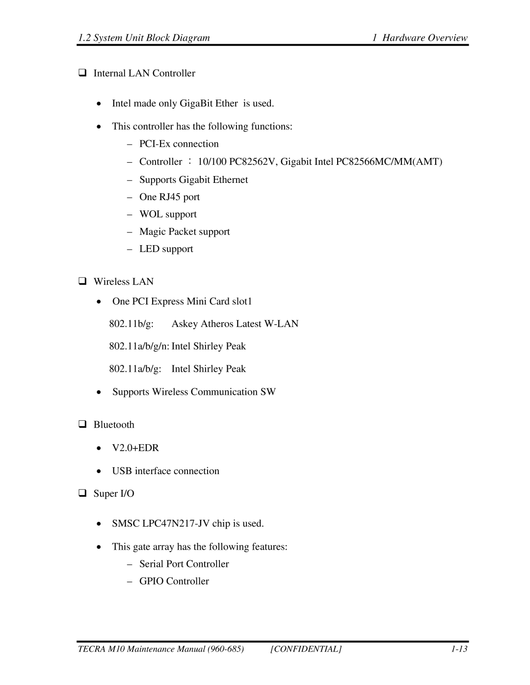 Toshiba M10, TECRA manual System Unit Block Diagram Hardware Overview 