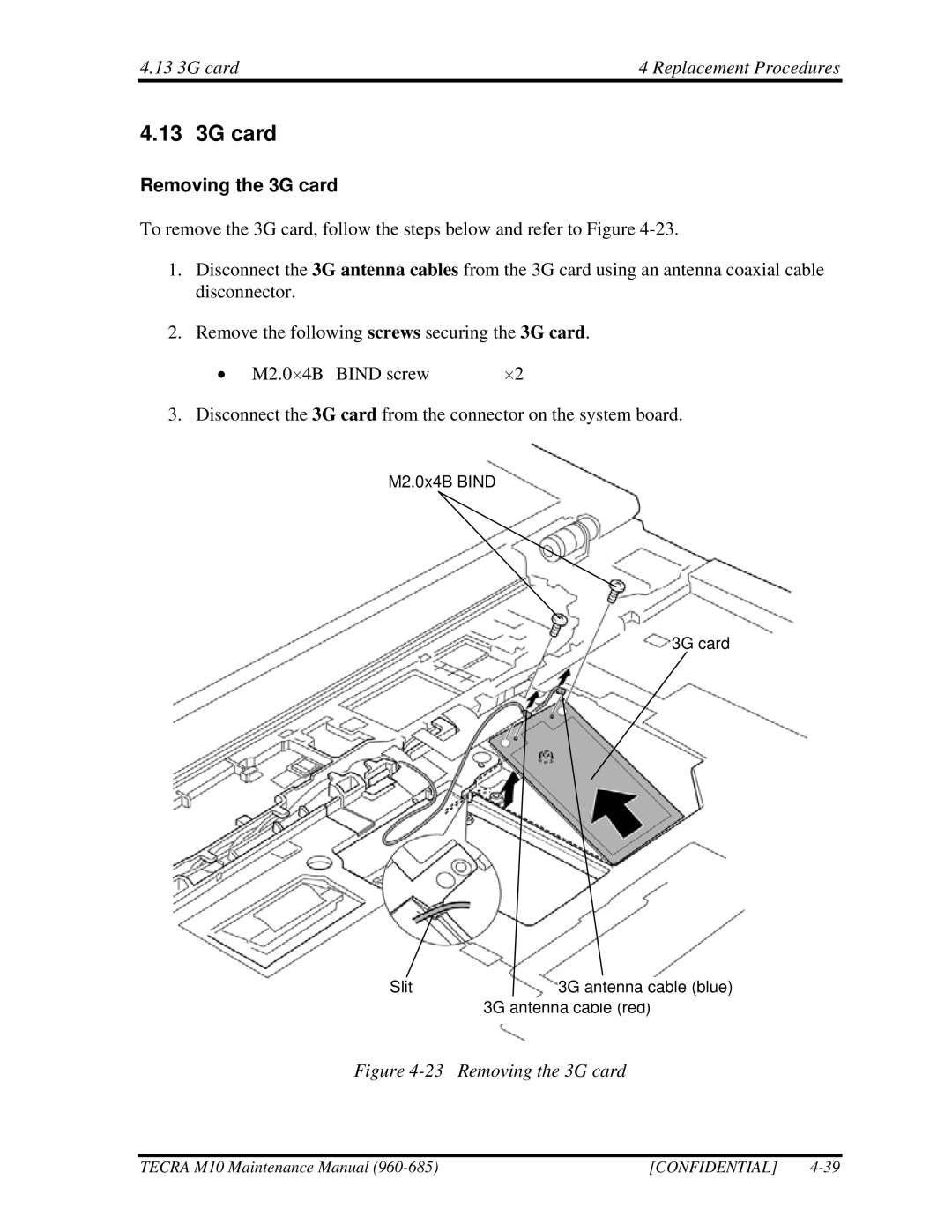 Toshiba M10, TECRA manual 13 3G card Replacement Procedures, Removing the 3G card 