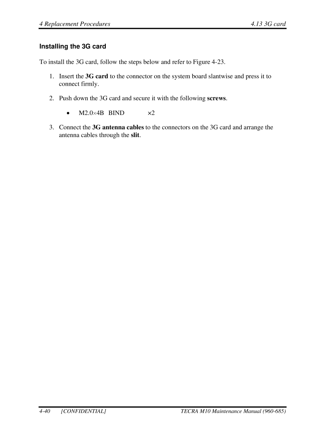 Toshiba TECRA, M10 manual Replacement Procedures 13 3G card, Installing the 3G card 