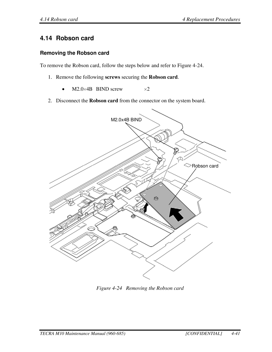 Toshiba M10, TECRA manual Robson card Replacement Procedures, Removing the Robson card 