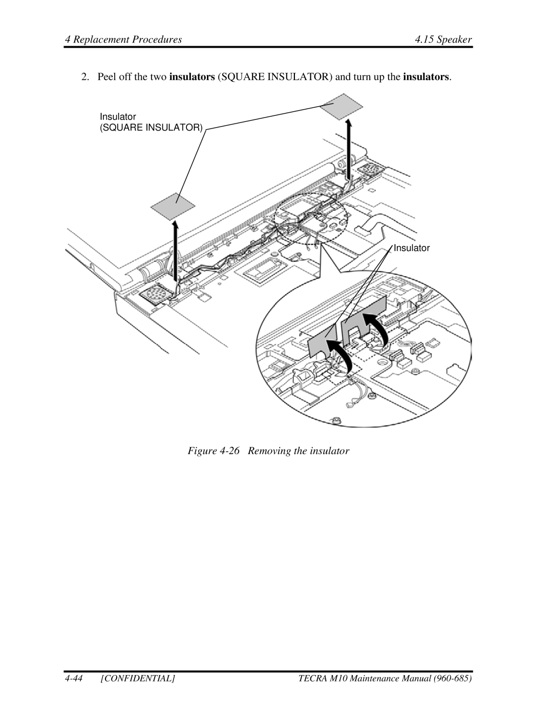 Toshiba TECRA, M10 manual Replacement Procedures Speaker, Removing the insulator 