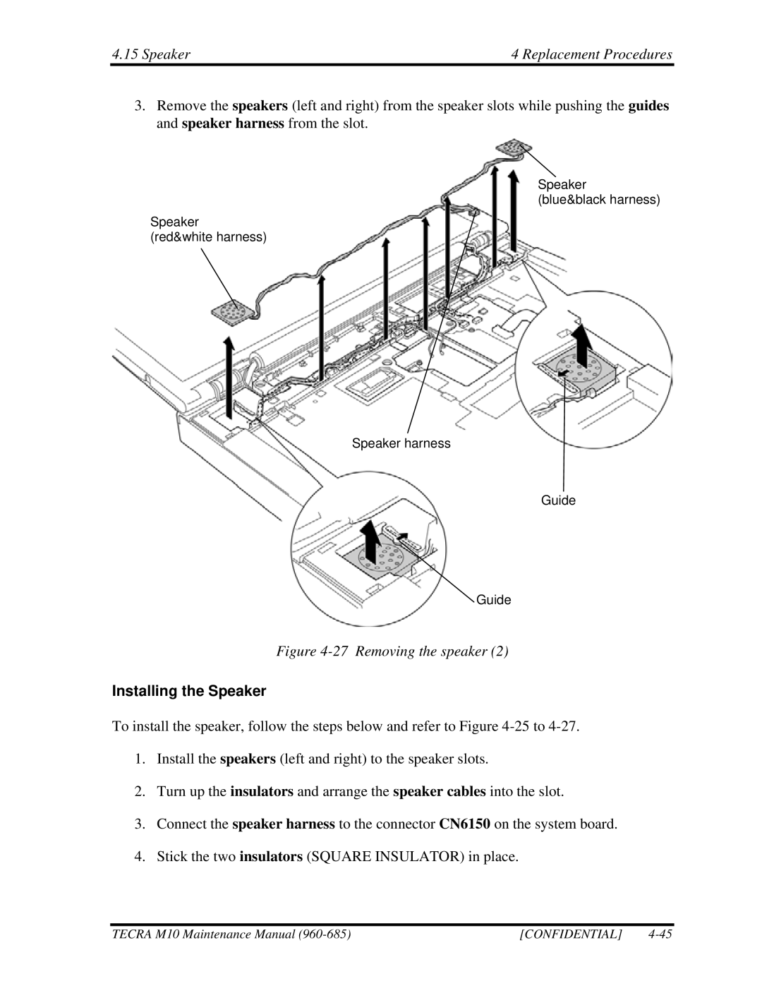 Toshiba M10, TECRA manual Removing the speaker, Installing the Speaker 