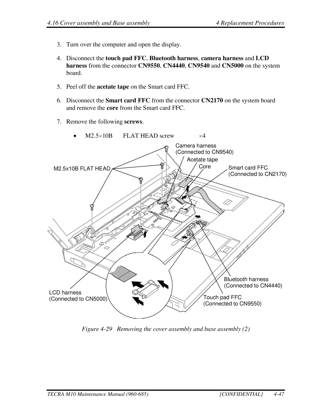 Toshiba M10, TECRA Cover assembly and Base assembly Replacement Procedures, Removing the cover assembly and base assembly 