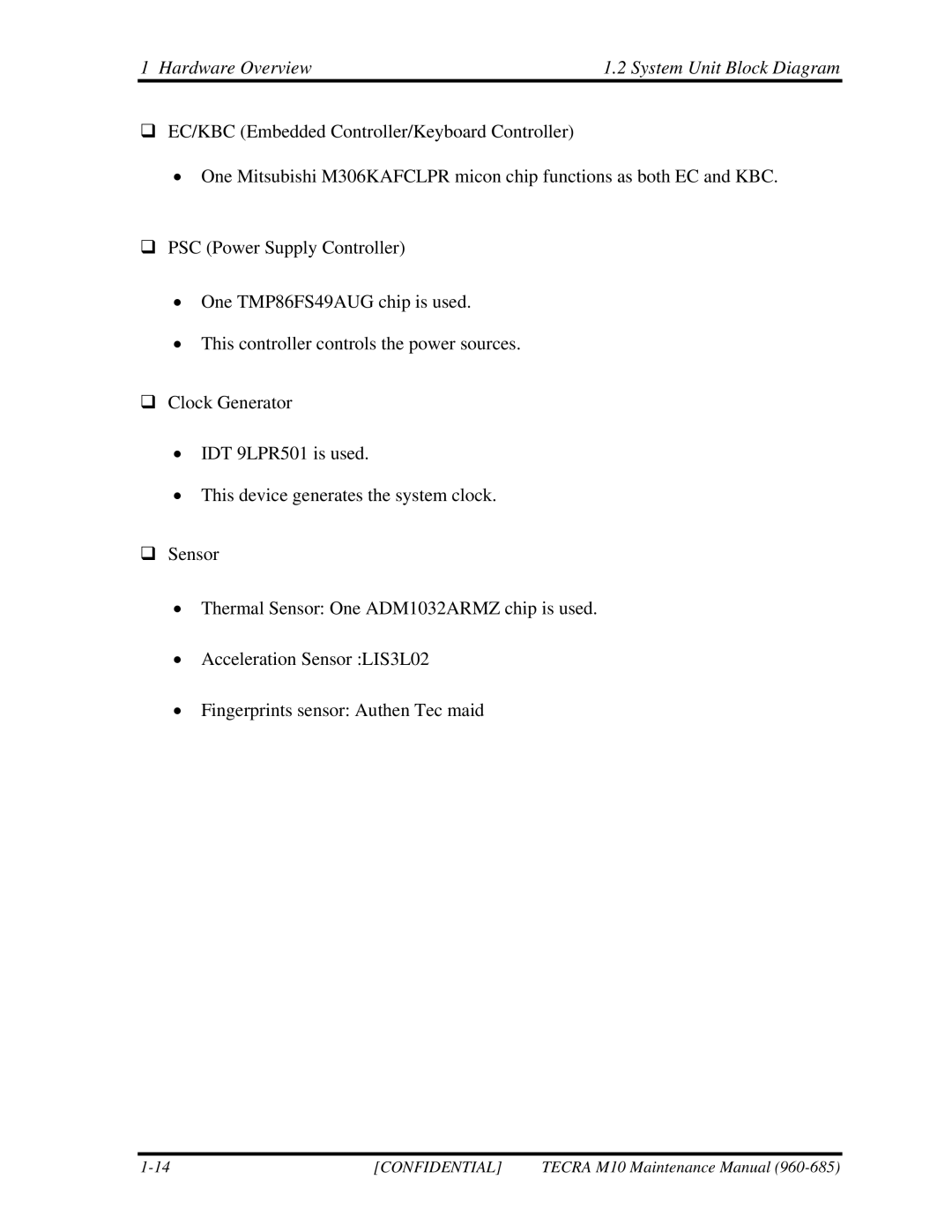 Toshiba TECRA, M10 manual Hardware Overview System Unit Block Diagram 