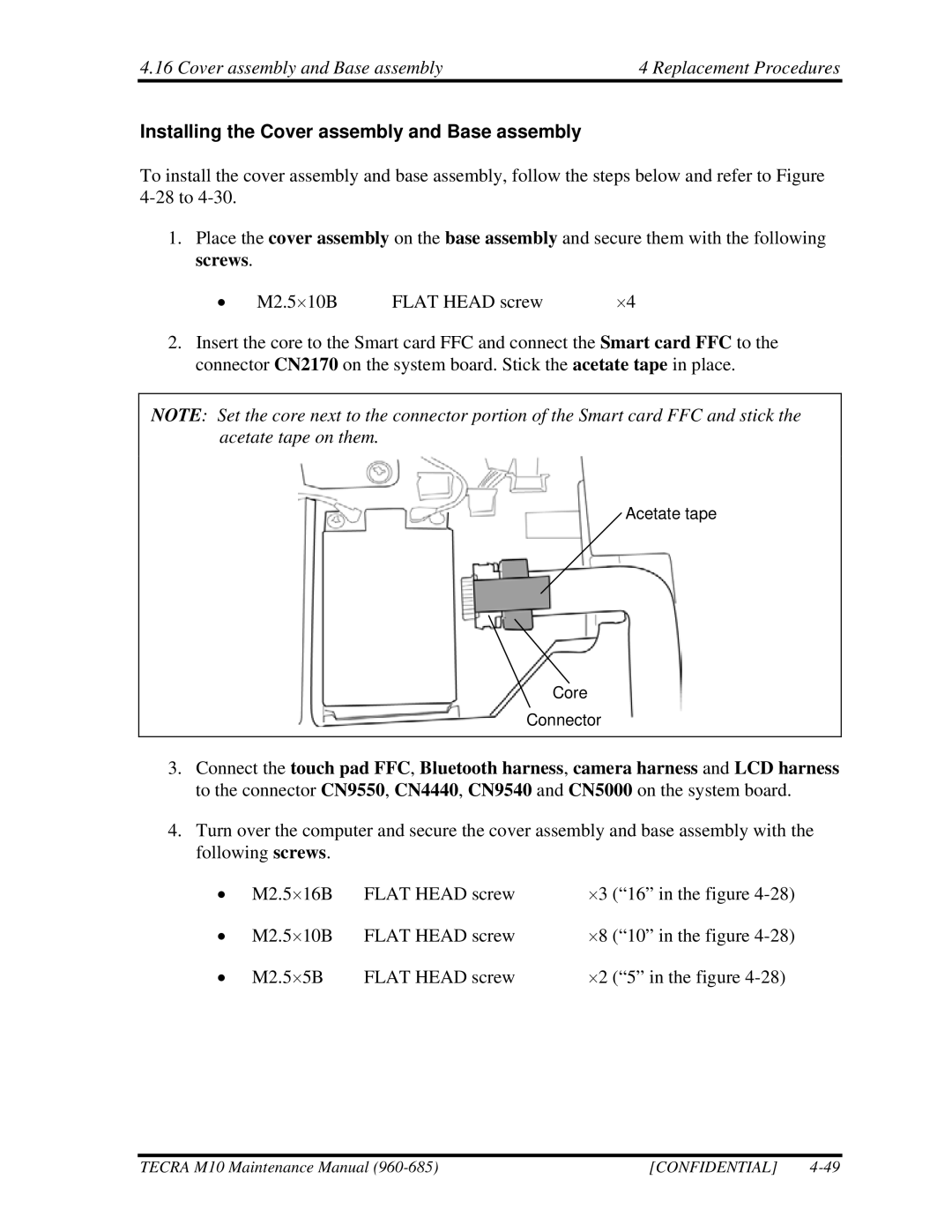 Toshiba M10, TECRA manual Installing the Cover assembly and Base assembly 