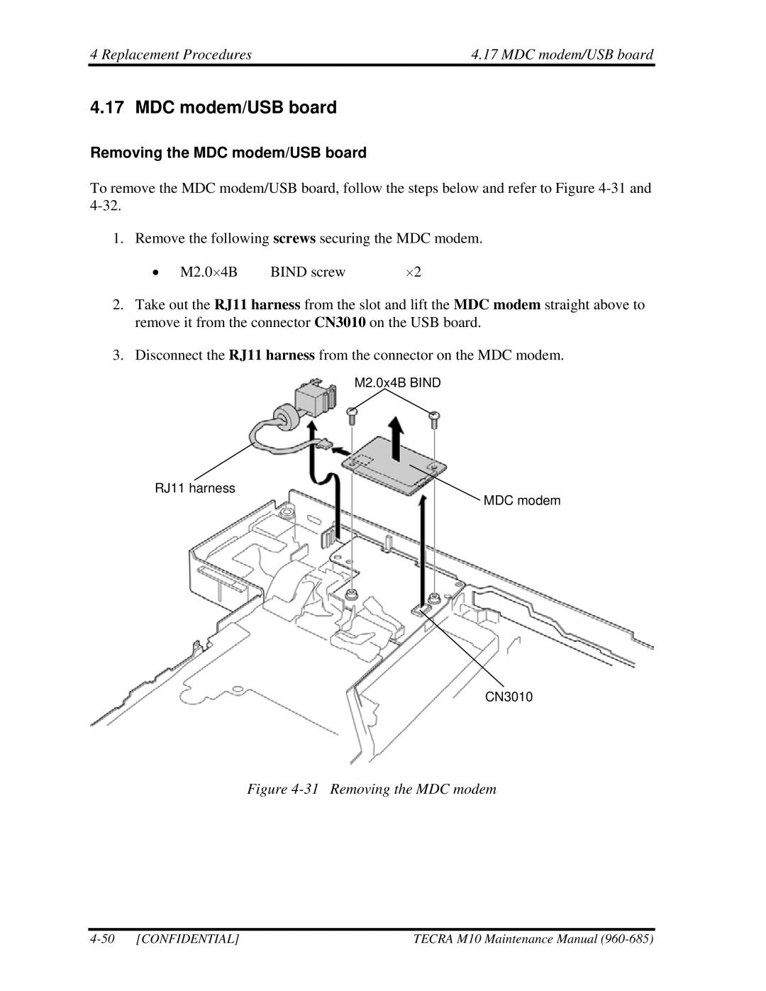 Toshiba TECRA, M10 manual Replacement Procedures MDC modem/USB board, Removing the MDC modem/USB board 