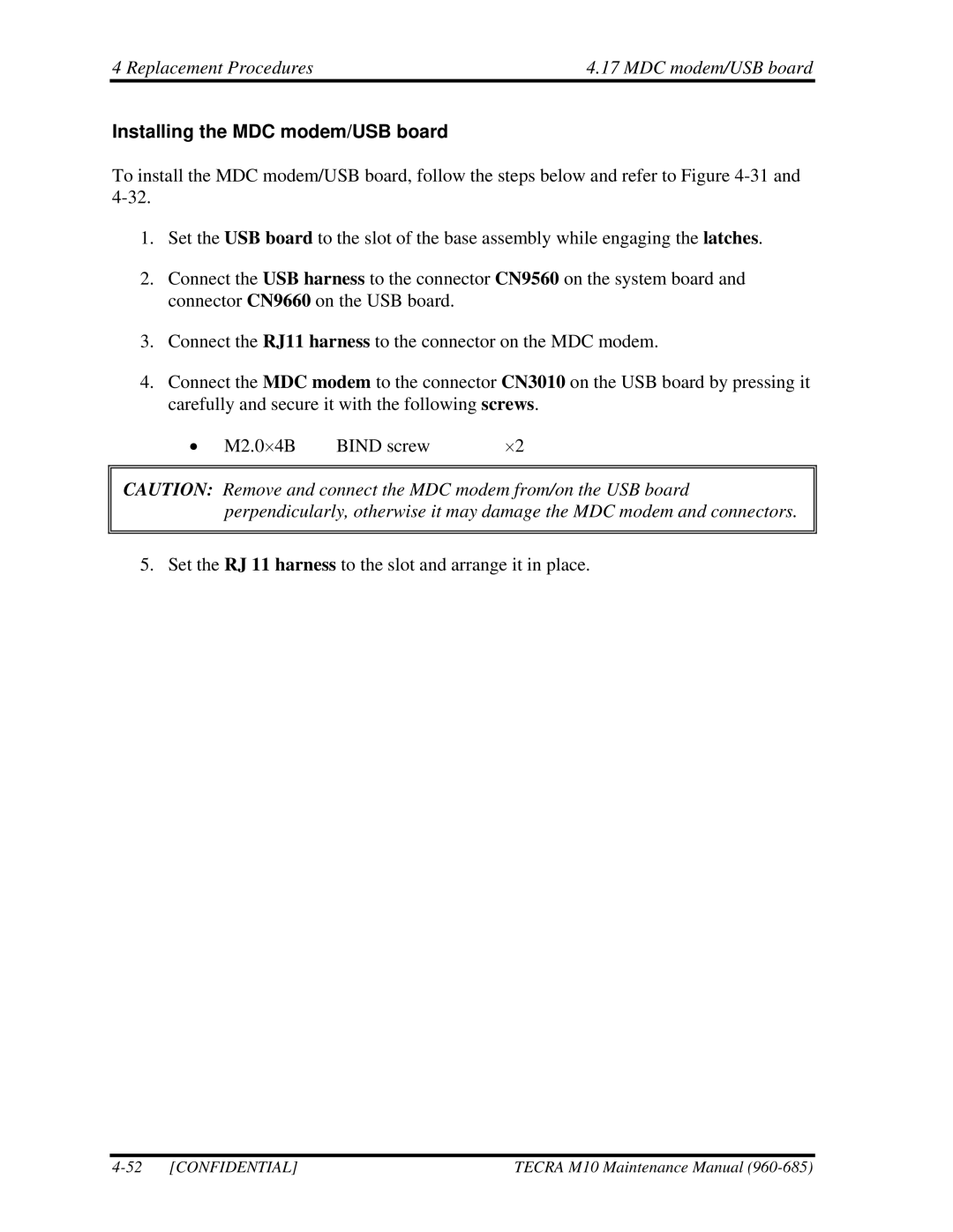 Toshiba TECRA, M10 manual Installing the MDC modem/USB board 