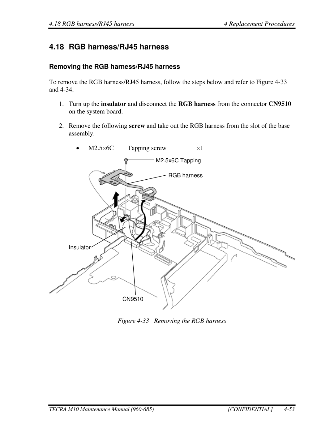 Toshiba M10, TECRA manual RGB harness/RJ45 harness Replacement Procedures, Removing the RGB harness/RJ45 harness 