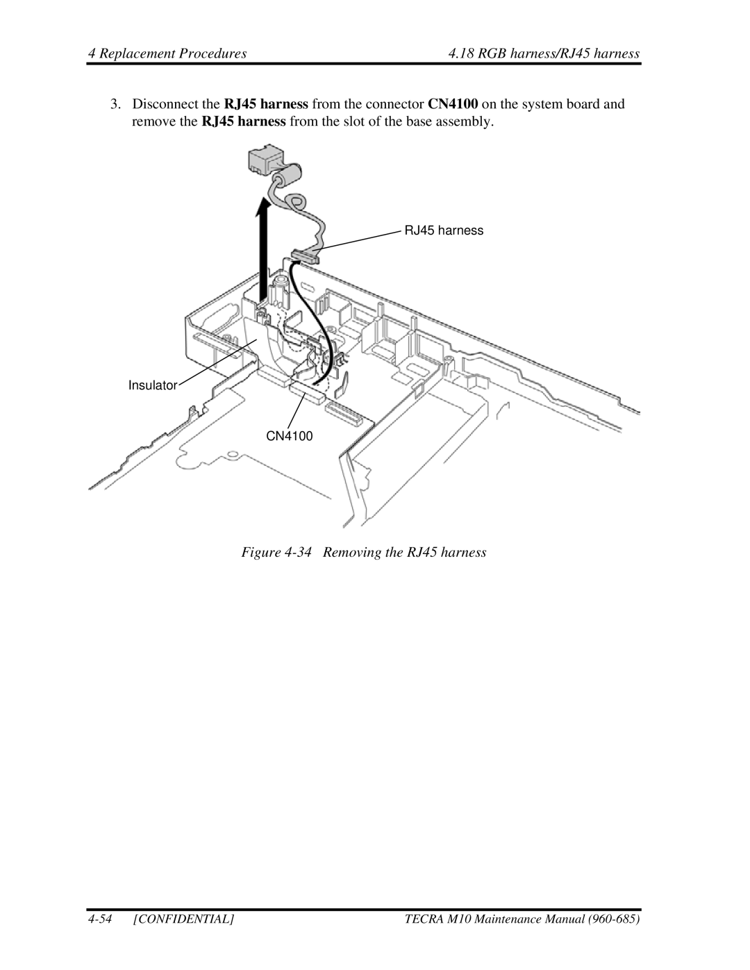 Toshiba TECRA, M10 manual Replacement Procedures RGB harness/RJ45 harness, Removing the RJ45 harness 