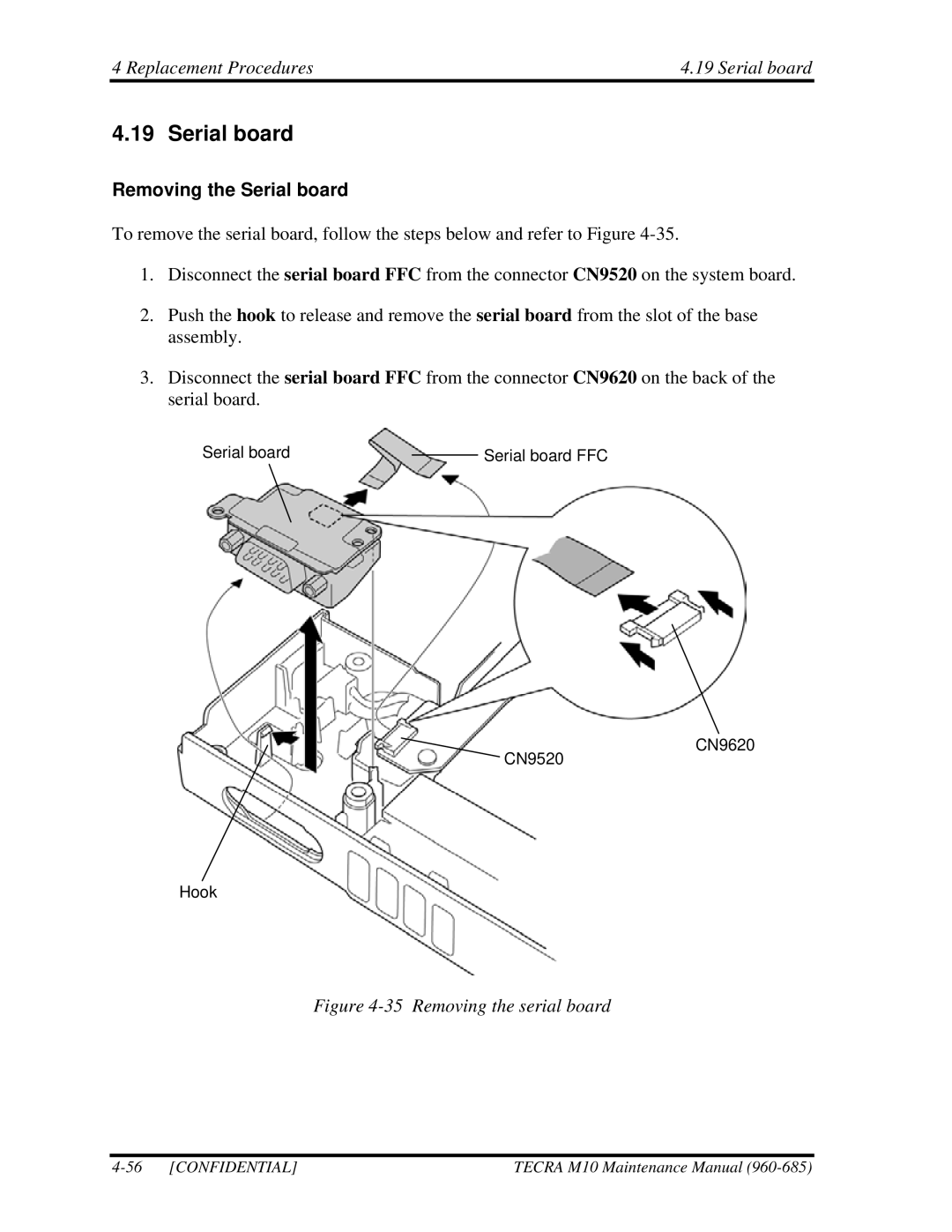 Toshiba TECRA, M10 manual Replacement Procedures Serial board, Removing the Serial board 