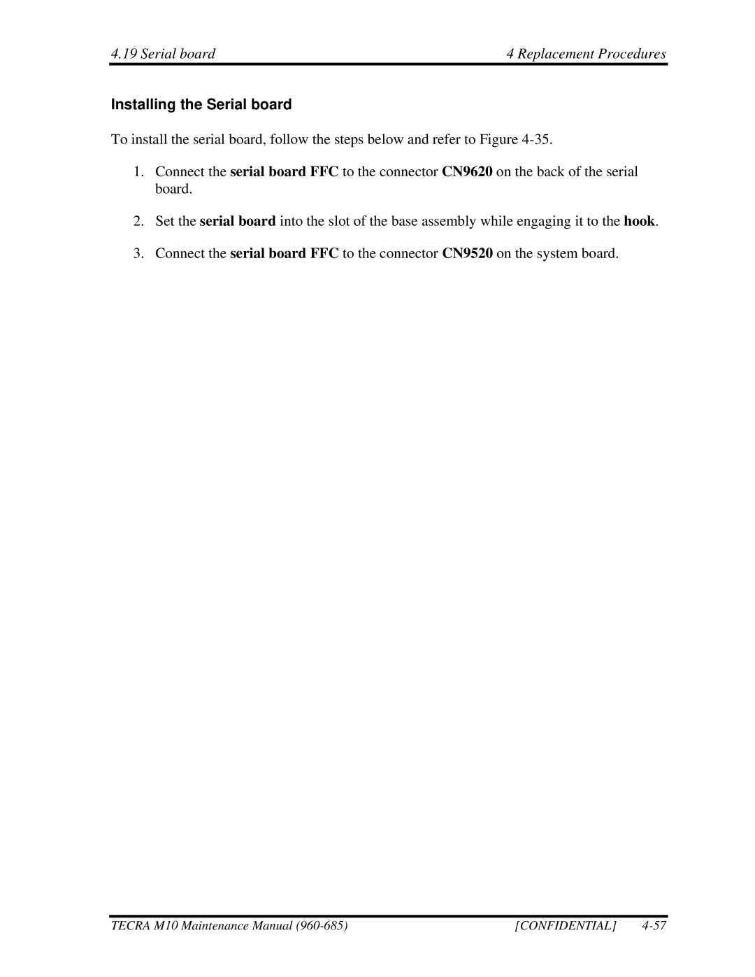 Toshiba M10, TECRA manual Serial board Replacement Procedures, Installing the Serial board 