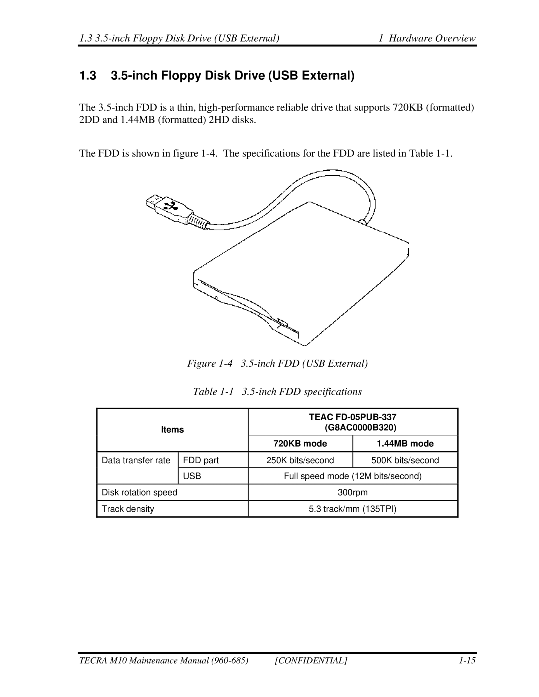 Toshiba M10, TECRA manual inch Floppy Disk Drive USB External Hardware Overview, Teac FD-05PUB-337 