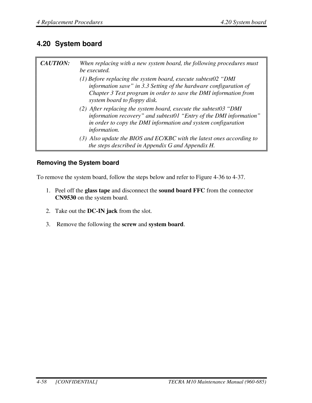 Toshiba TECRA, M10 manual Replacement Procedures System board, Removing the System board 
