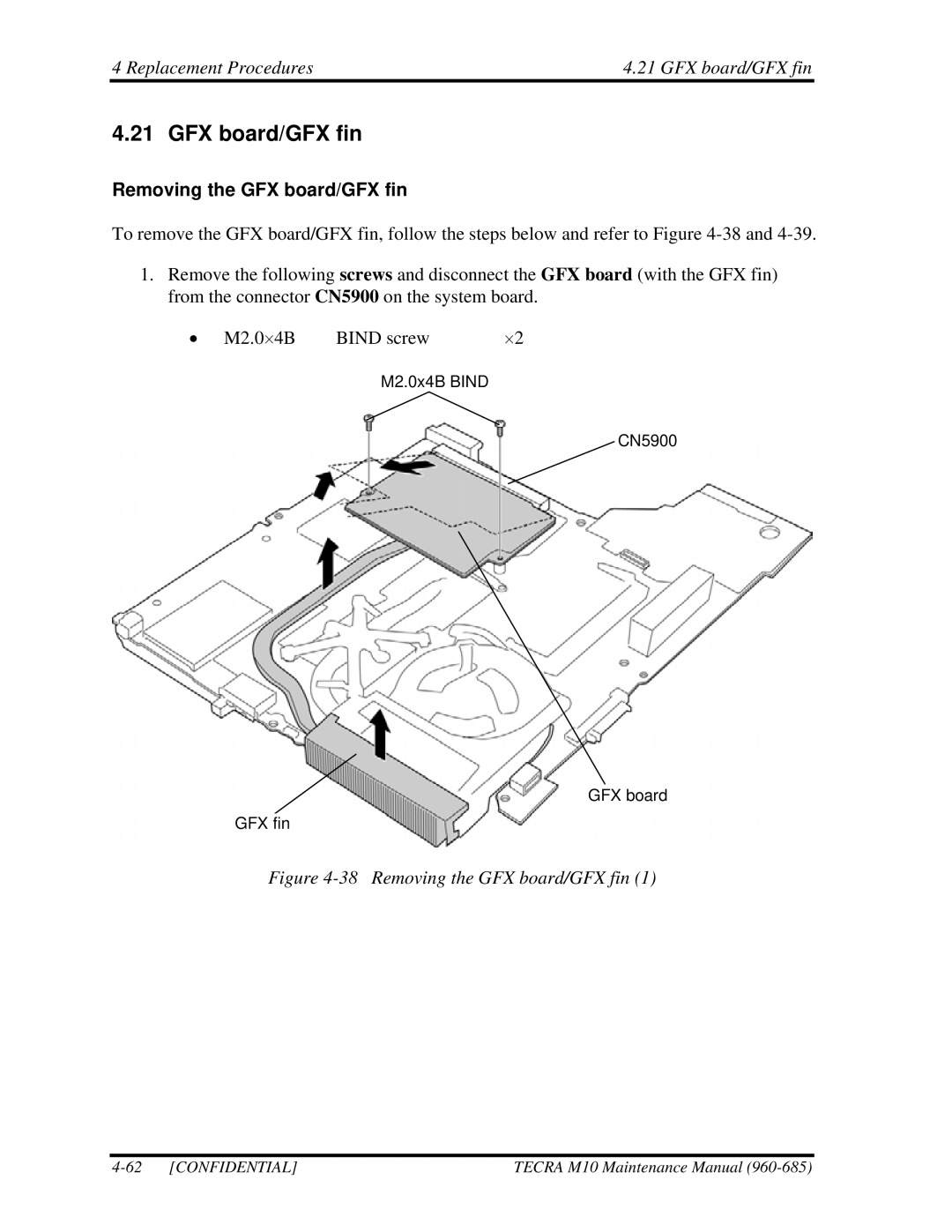 Toshiba TECRA, M10 manual Replacement Procedures GFX board/GFX fin, Removing the GFX board/GFX fin 
