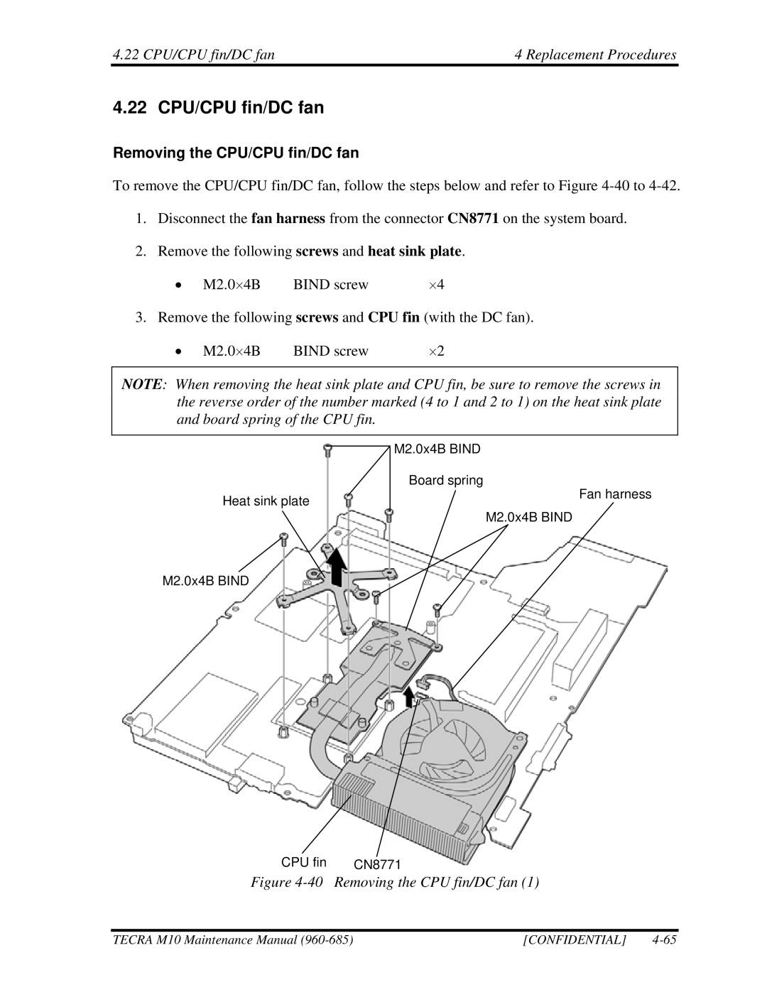 Toshiba M10, TECRA manual 22 CPU/CPU fin/DC fan Replacement Procedures, Removing the CPU/CPU fin/DC fan 