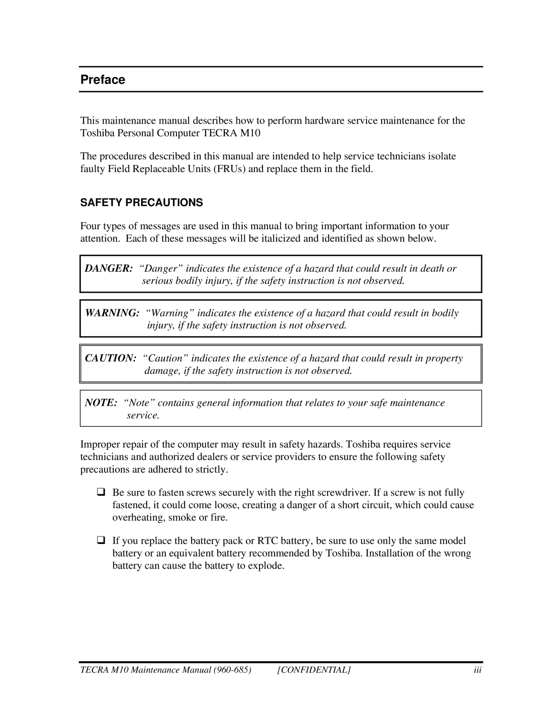 Toshiba M10, TECRA manual Preface, Safety Precautions 