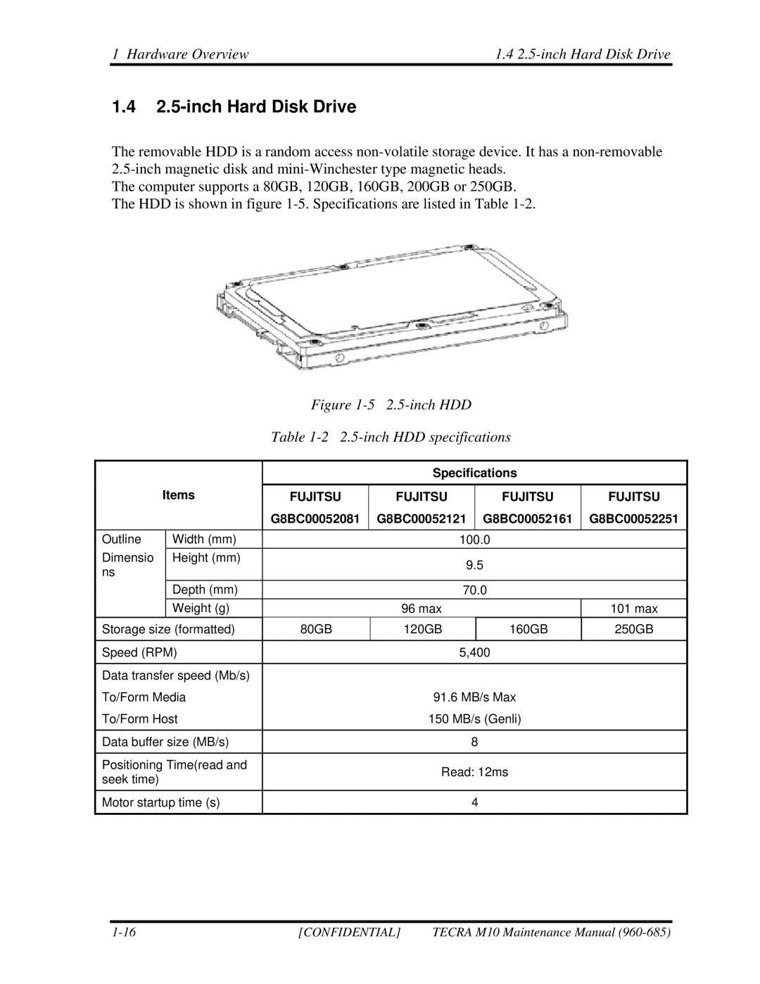 Toshiba TECRA, M10 manual Hardware Overview 2.5-inch Hard Disk Drive, Items Specifications 