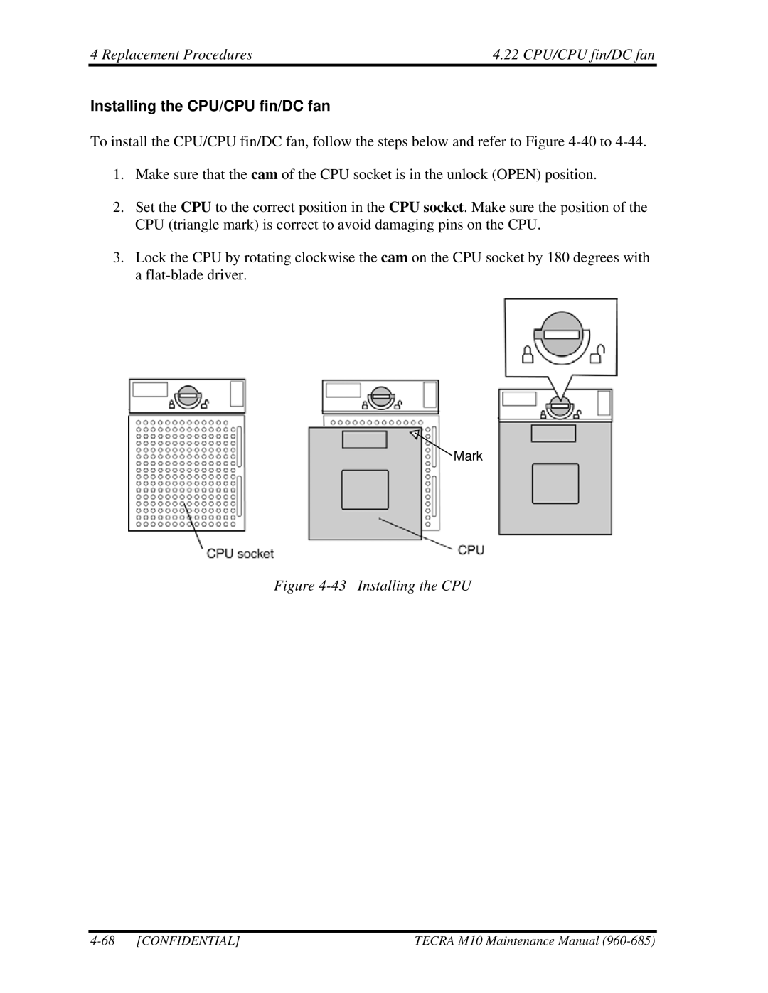 Toshiba TECRA, M10 manual Replacement Procedures 22 CPU/CPU fin/DC fan, Installing the CPU/CPU fin/DC fan 