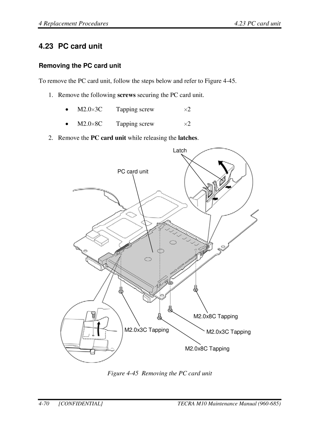 Toshiba TECRA, M10 manual Replacement Procedures4.23 PC card unit, Removing the PC card unit 